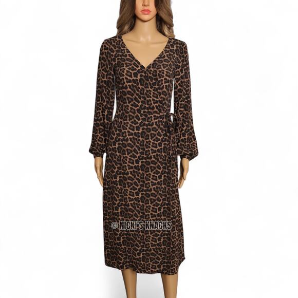 H&M Leopard Print Wrap Midi Dress Long Sleeve Textured Brown & Black Size 0 - Picture 2 of 9